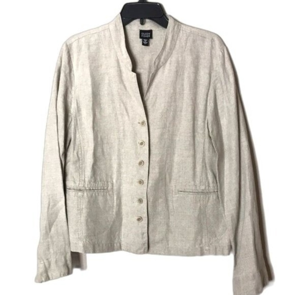Eileen Fisher Women's Linen Mandarin Collar Button Cardigan Jacket Tan Large